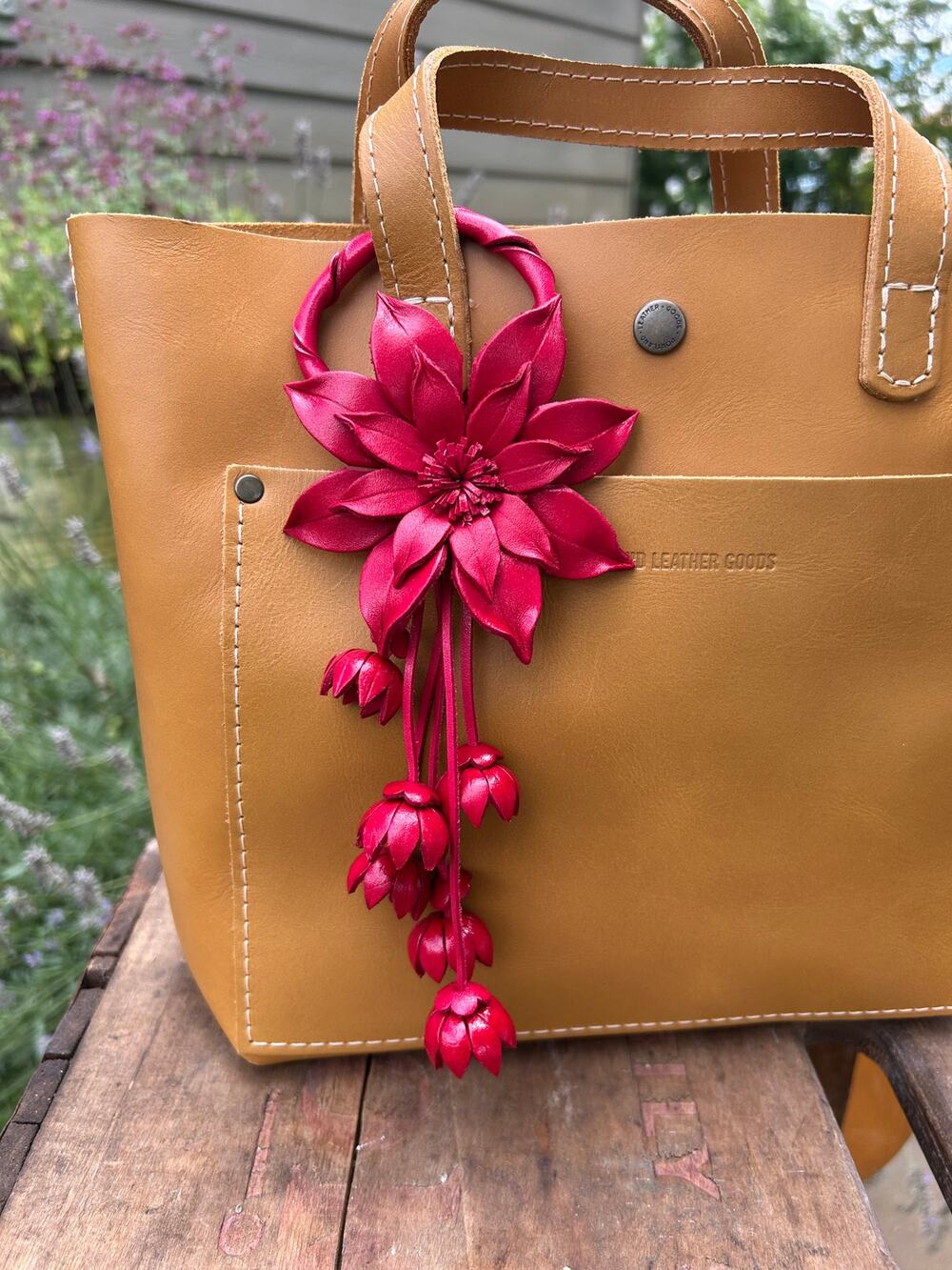 Red Leather Flower Purse Charm Genuine Leather Red Poinsettia Flower Bag Charm